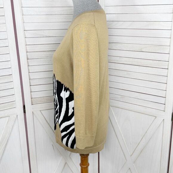 Talbots Zebra Head Crewneck Pullover Knit Top Sweater Tan Petite Large - Picture 3 of 14
